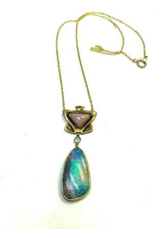 Art Nouveau Exquisite Natural Opal And Diamond 14k Gold Pendant Necklace