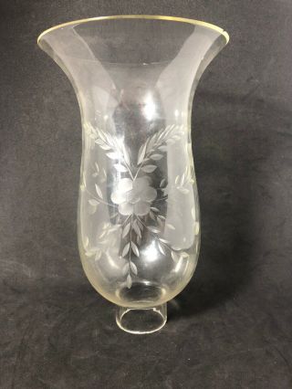 Hurricane Candle Lamp Chimney Glass Etched Flower Design Vintage 8 1/2” Tall 6k