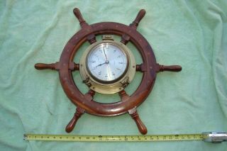 Vintage Ships Wheel Solid Wood/ Brass Center Quartz Clock Looks Great And Runs
