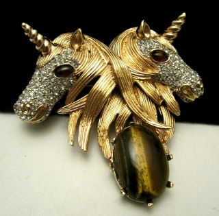 Rare Vintage Huge 3 " Signed Ciner Goldtone Jeweled Double Unicorn Brooch Pin A29