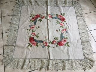 Antique Vintage Cotton Linen Tablecloth Embroidered Roses Lace Hand Painted