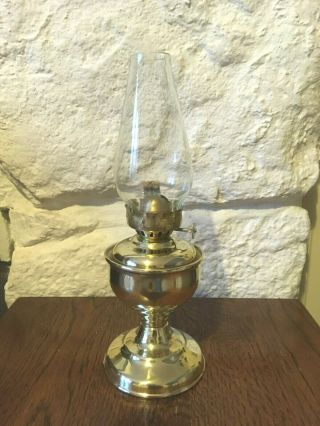 A Lovely Vintage Nursery Brass Paraffin Oil Lamp With Its Glass Shade