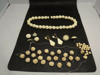 Vintage Hand Carved Flower Rose Bead Necklaces And Earrings Circa 1948