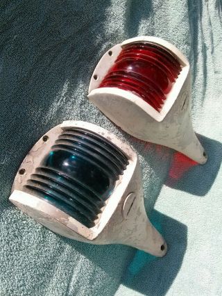 Cast Antique Vintage Perko Red & Blue Glass Navigation Side Lights Matched Pair