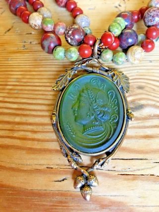 Vintage Extasia Natural Jasper Necklace With Green Glass Intaglio Cameo Pendant