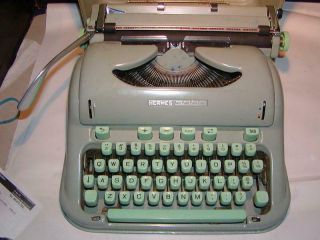 Vintage Hermes Portable Typewriter 3000 Model,  Green Keys,  W/ Case