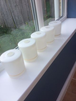 Set Of 5 Vintage Opaque White Glass Lamp Shades With Gold Band