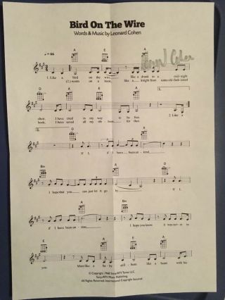 Leonard Cohen Hand Signed Music Sheet - Autograph Of Musician ‘bird On The Wire’