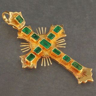 Large,  Solid 18k Yellow Gold & 1.  00 Cttw Colombian Emerald Cross,  Estate Pendant