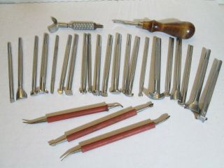 Vintage Craftool Co Usa Leather Stamps Carving Tools Lot Total 26 Pieces