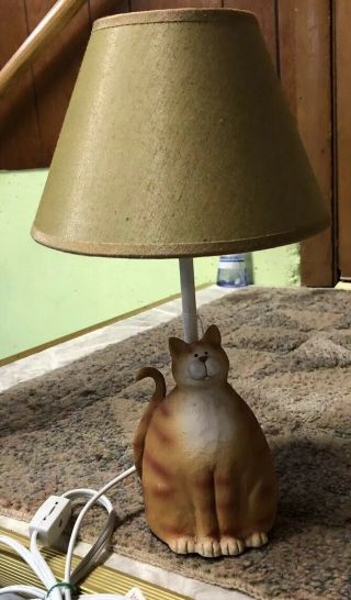 Orange Tabby Cat Lamp With Thumb On/off Switch,  Beige Lampshade And White Cord.