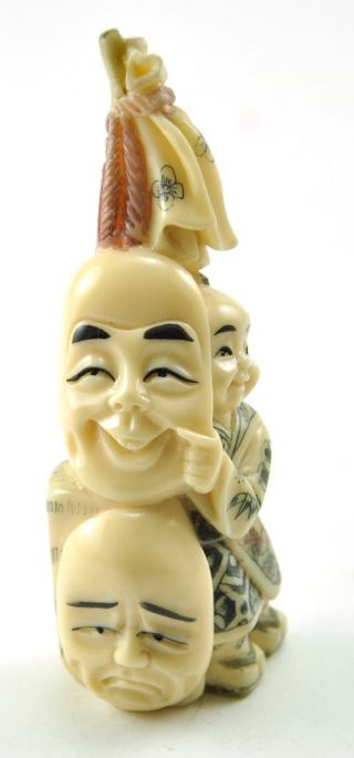 Vintage Scrimshaw Japan Mini Playful Boy Comedy Mask Resin Hand Carved Figurine