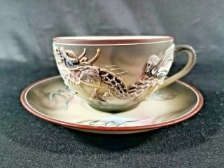 Japan Grey & White Moriage Dragonware Teacup And Saucer " T " W/ Wreath 2