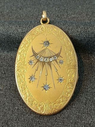 Antique Victorian Gold Filled Photo Locket Crescent Moon Stars Paste Rhinestone