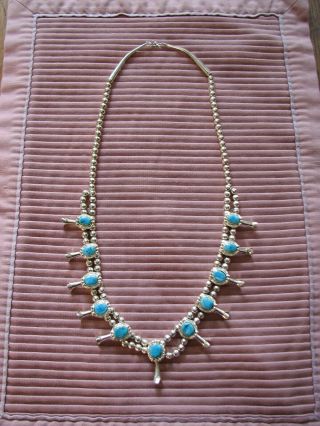 Vintage Sterling Silver Squash Blosson & Turquoise Necklace / American Made