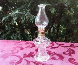 Clear Pressed Glass Mini Oil Lamp 8 Sided With Chimney And Metal Wick Holder 7 "