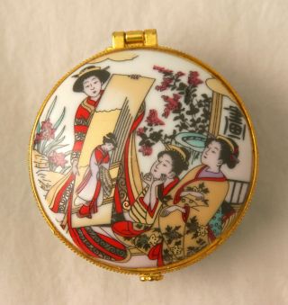 Vintage Japanese Geisha Girl Porcelain Jewelry / Trinket Box.  Hinged Round 1970s