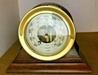 Vintage Chelsea Ship Barometer Brass On Wooden Base