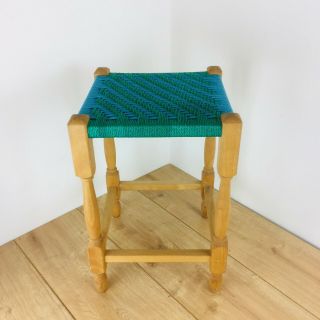 Vintage Rustic Stool String Top With Twisted Wood Legs Blue Green Two Tone Retro