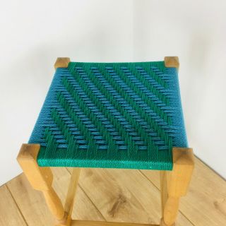 Vintage Rustic Stool String Top with Twisted Wood Legs blue green two tone retro 2