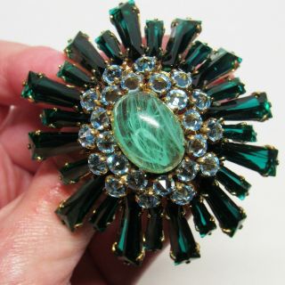 Signed Schreiner York Emerald Green Keystone & Blue Domed Ruffle Pin Brooch