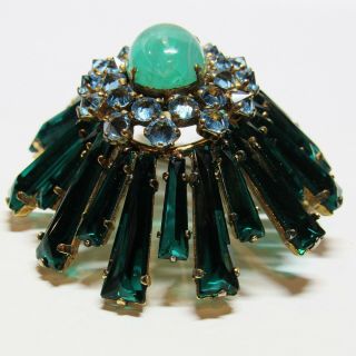 Signed SCHREINER YORK Emerald Green Keystone & Blue Domed Ruffle Pin Brooch 2
