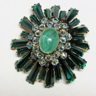 Signed SCHREINER YORK Emerald Green Keystone & Blue Domed Ruffle Pin Brooch 3