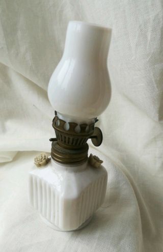 Vintage Foreign Tiny Milk Glass Oil Lamp Flowers 4 1/2 Inch Suit Doll