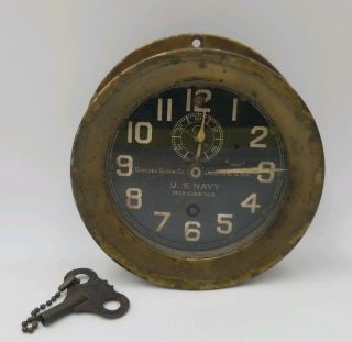 Vintage Antique Ww1 Chelsea Deck Clock No2 W Key,  Black Face U.  S.  Navy Military
