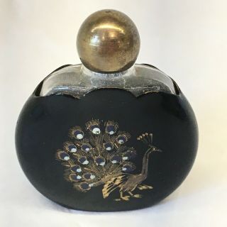 Vintage Miniature Perfume / Cologne Bottle Brass Etched Peacock Germany