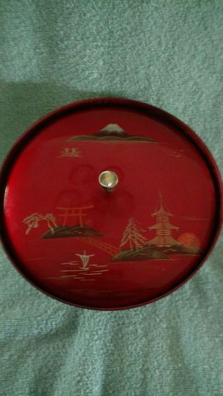 Vtg Toyo Asian Pedestal Music Box Red Lacquer Ware 3 Dividers Trinket Jewelry