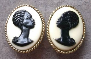 Collectible Vintage African American Black Ethnic Cameo Earrings Clip On Simpson