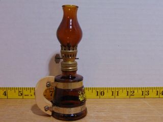 Vintage Amber Glass Mug Shaped Mini Oil Lamp Greetings From London 5 3/4 "