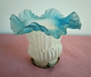 Vintage Small Frosted Glass Lamp Shade With Blue Frilled Rim And Fixing Gallery.