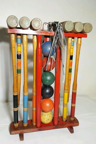 Vintage Wooden 6 Player Croquet Set Mallets,  Balls,  Wickets,  Stakes & Stand