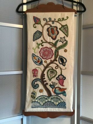 Vintage Boho Wall Hanging Scroll Wood Top/bottom Embroidered Floral Tree Bird