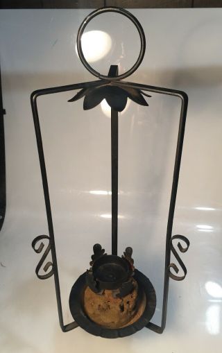 Vintage Wrought Iron Hurricane Lantern Candle Holder Hanging Or Table Top