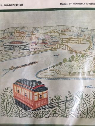 Pittsburgh Incline Scene Vintage Crewel Embroidery Kit Unworked Linen 14x14