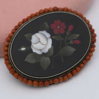 Antique Victorian Pietra Dura Sterling Silver Pink Coral Bead Halo Brooch Pin