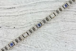 Edwardian 14k Gold Platinum Diamond Sapphire Link Bracelet Antique Luxury 7 "