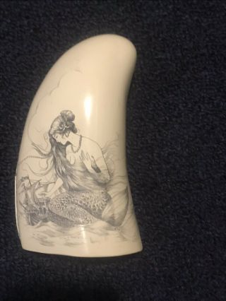 Vintage Faux Resin Nude Mermaid Maritime Whaling Scrimshaw Tooth