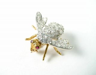 Stunning - 1.  00 Ct Diamond Ruby 18k Gold Bee Pin Brooch