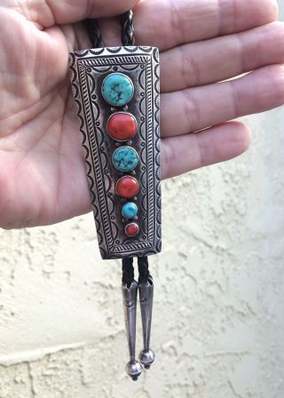 Vintage 50s 60s Old Pawn Navajo Stamped Sterling Silver Turquoise Coral Bolo Tie