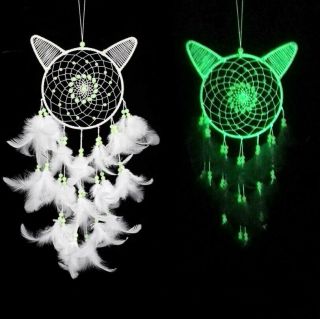 Glow In The Dark Handmade Cat Dream Catcher Feather Wall Hanging Decoration