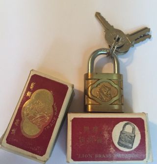 Vintage Lion Padlocks W/ 3 Keys - 2 Boxes - Brass Suitcase Travel Locks