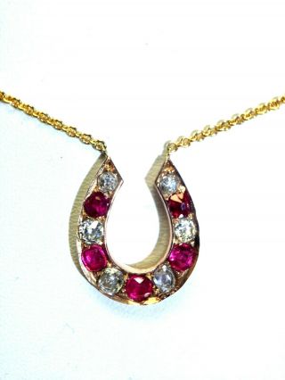 Victorian.  60ct Mine Cut Diamond And Ruby Horseshoe 14k Gold Pendant Necklace