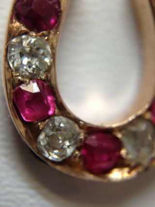 Victorian.  60CT Mine Cut Diamond and Ruby Horseshoe 14K Gold Pendant Necklace 2