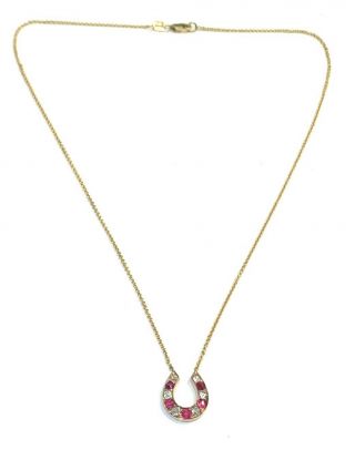 Victorian.  60CT Mine Cut Diamond and Ruby Horseshoe 14K Gold Pendant Necklace 3