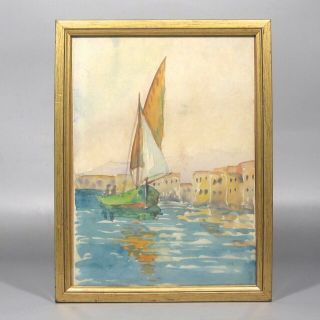 Vintage French Watercolor Painting,  Seascape Sailboat,  Collioure South Of France