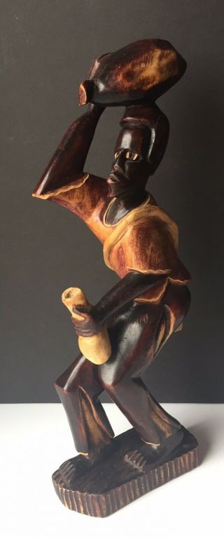 Vintage African Folk Art Hand Carved Wood Figure Man With Basket On Head 17” T